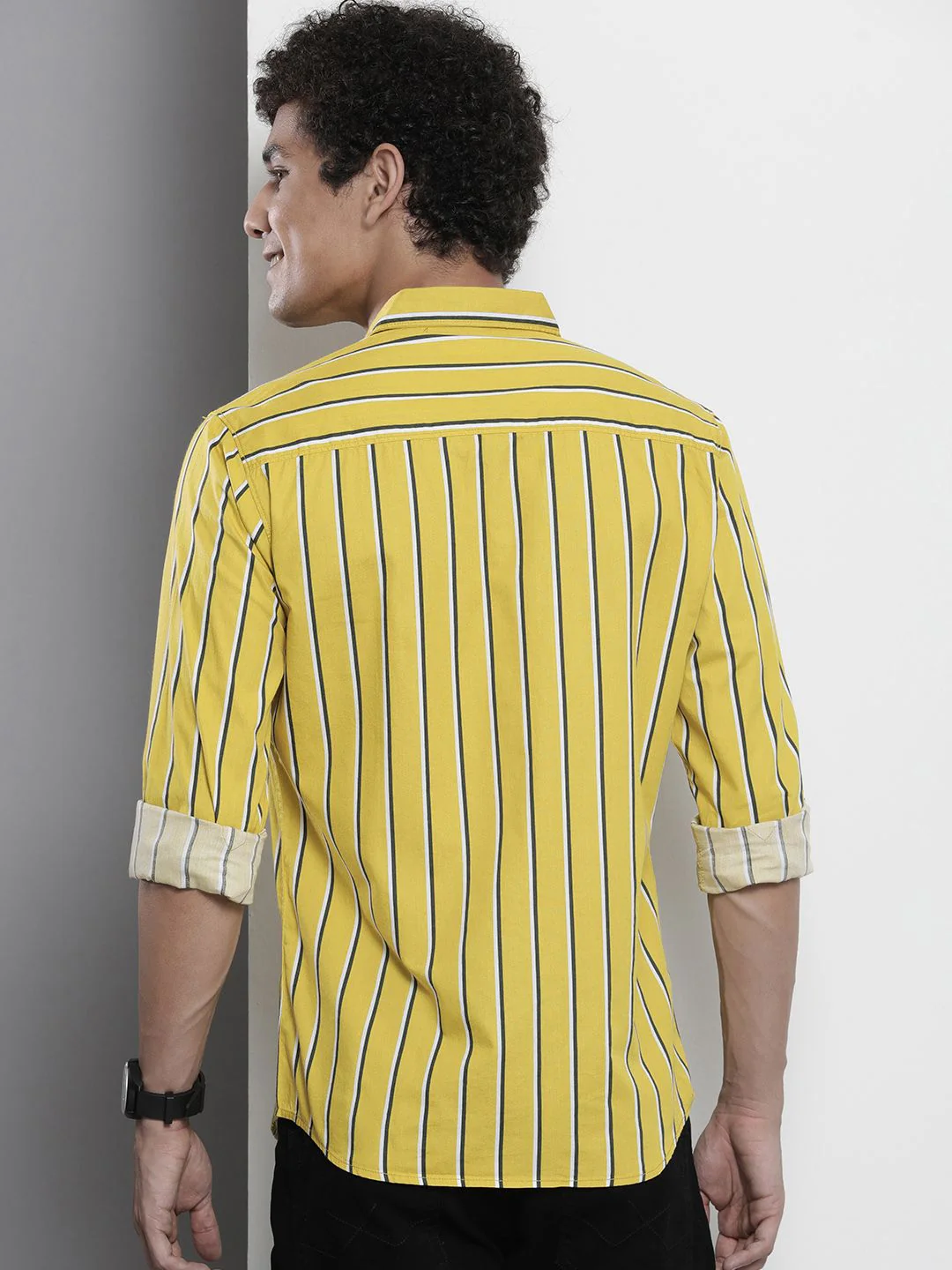 The Indian Garage Co Men Mustard Yellow & Green Striped Cotton Casual Shirt - Image 4