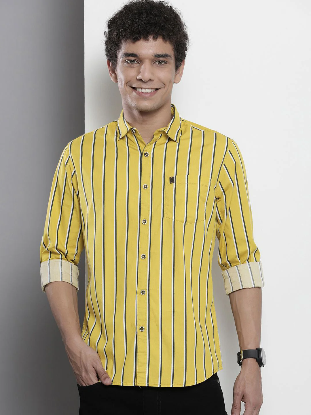 The Indian Garage Co Men Mustard Yellow & Green Striped Cotton Casual Shirt - Image 5
