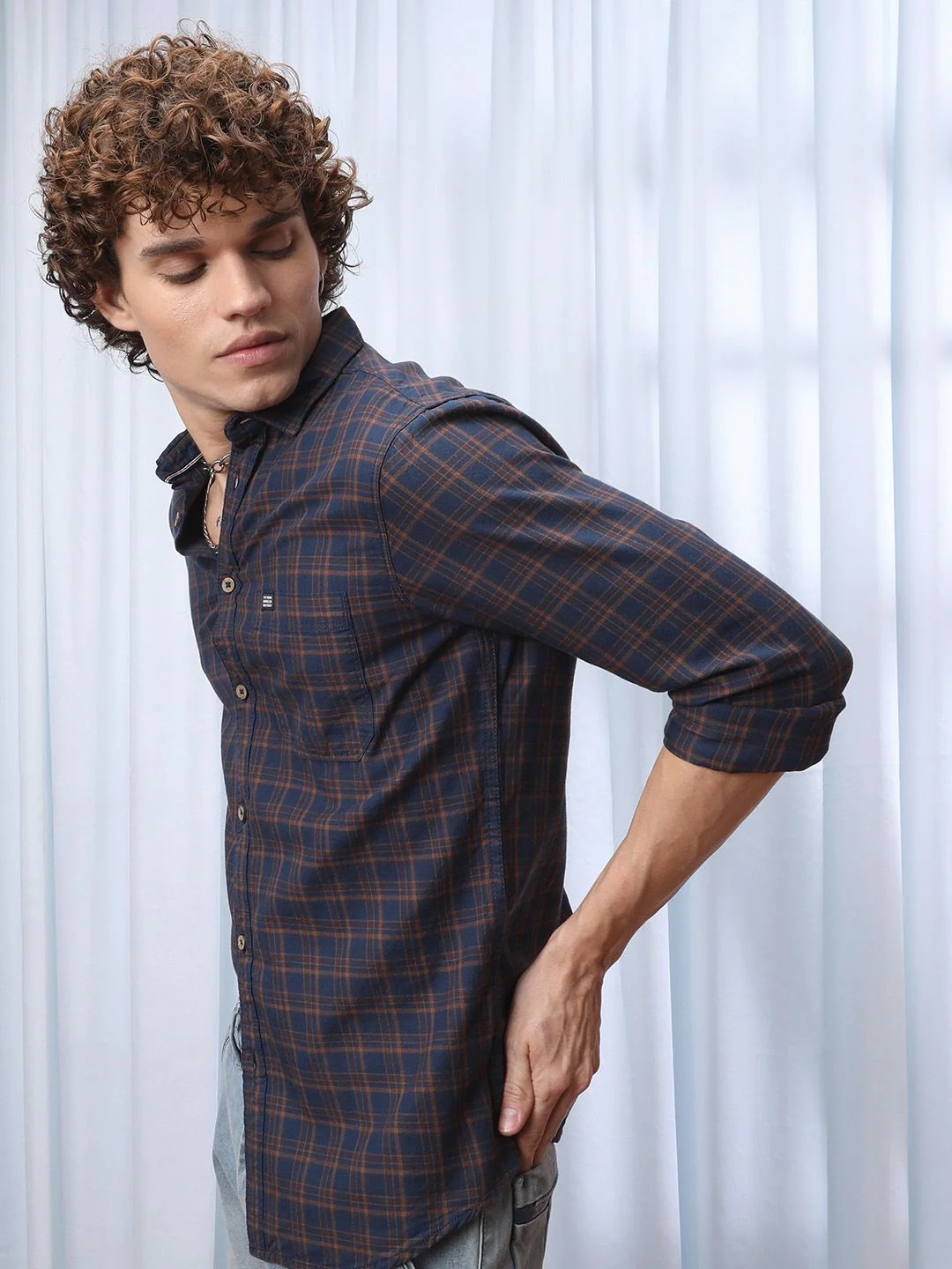 The Indian Garage Co Men Navy Blue & Brown Checked Casual Shirt - Image 2