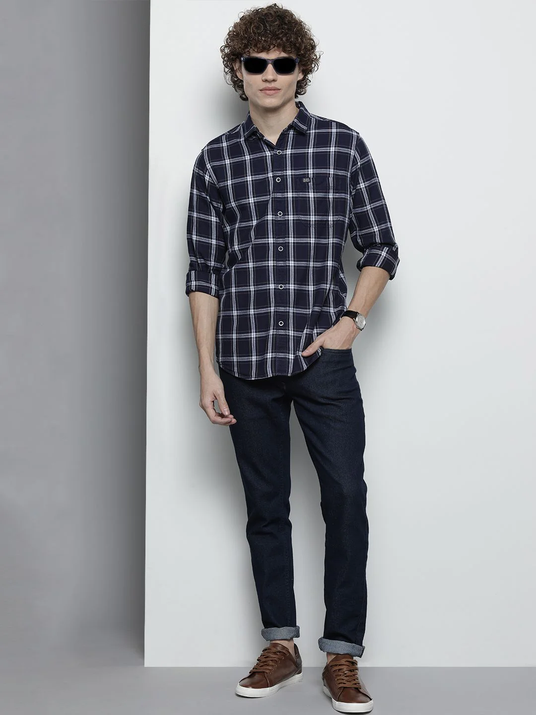 The Indian Garage Co Men Navy Blue Checked Casual Shirt - Image 6