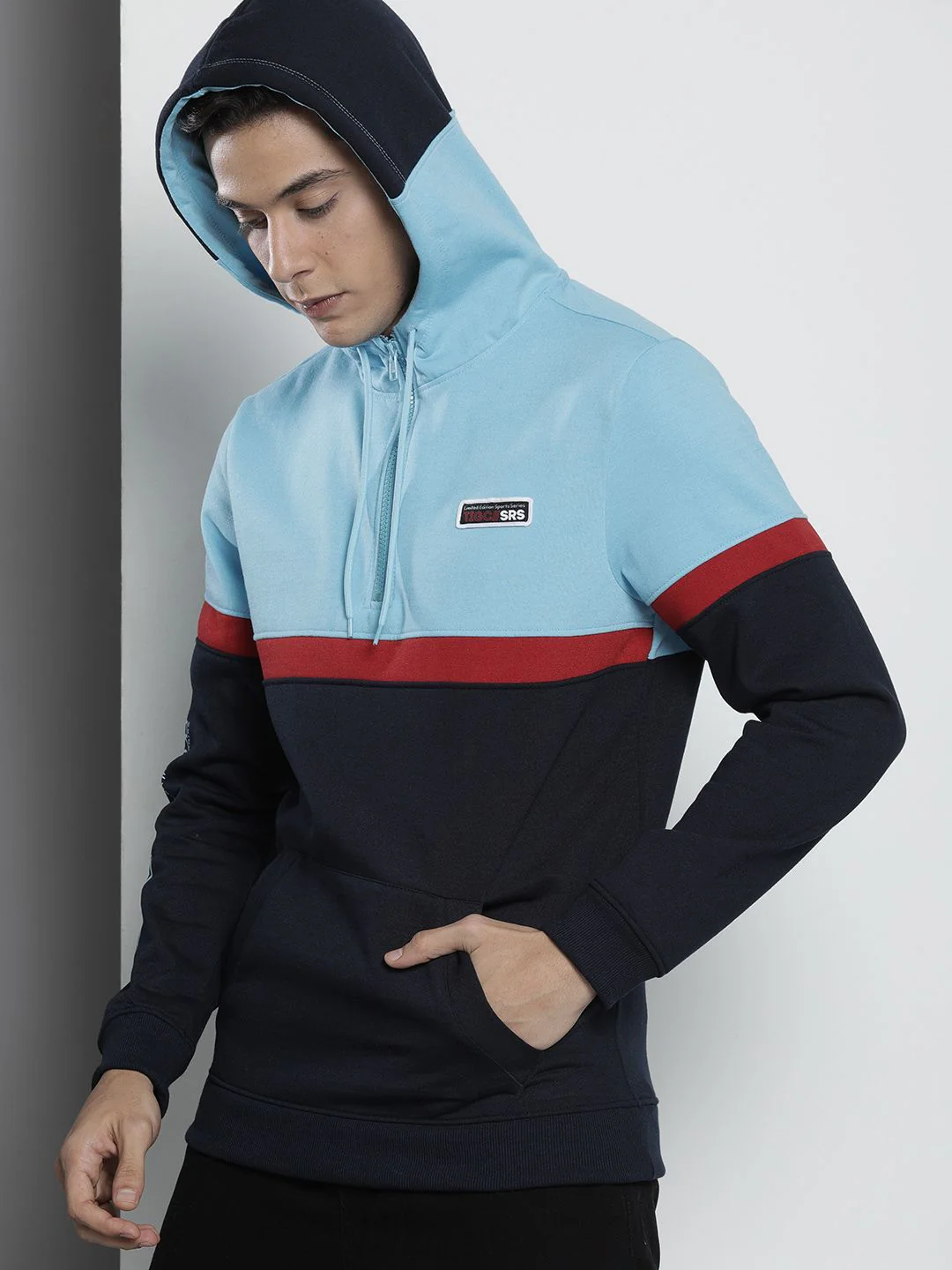 The Indian Garage Co Men Navy Blue Colourblocked Hooded Sweatshirt - Image 3