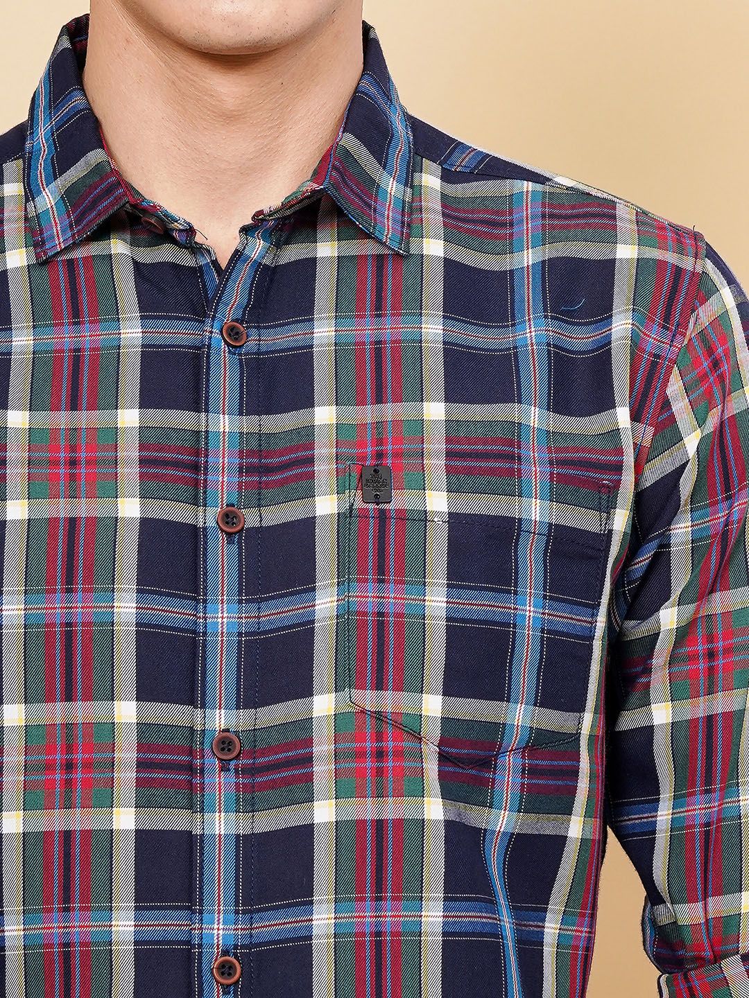 The Indian Garage Co Men Navy Blue & Grey Checked Pure Cotton Casual Shirt - Image 2