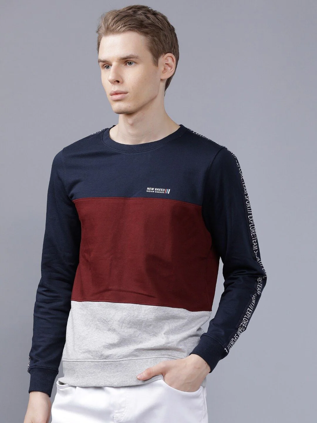 The Indian Garage Co Men Navy Blue & Maroon Colourblocked Hooded Sweatshirt - Image 5