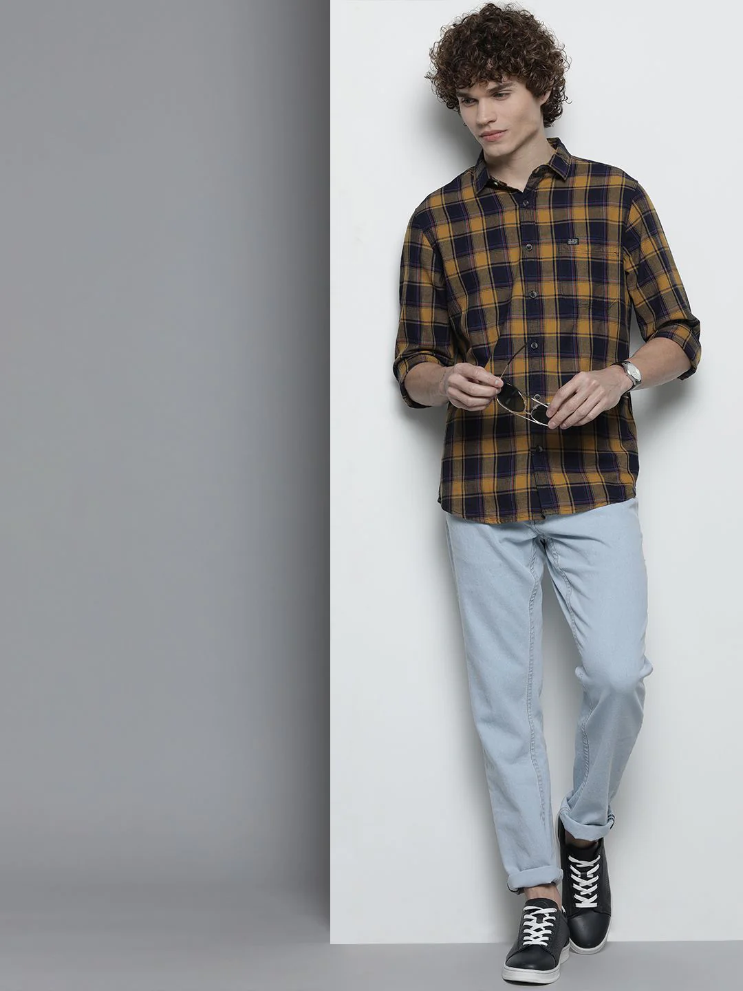 The Indian Garage Co Men Navy Blue & Mustard Yellow Checked Casual Shirt - Image 6