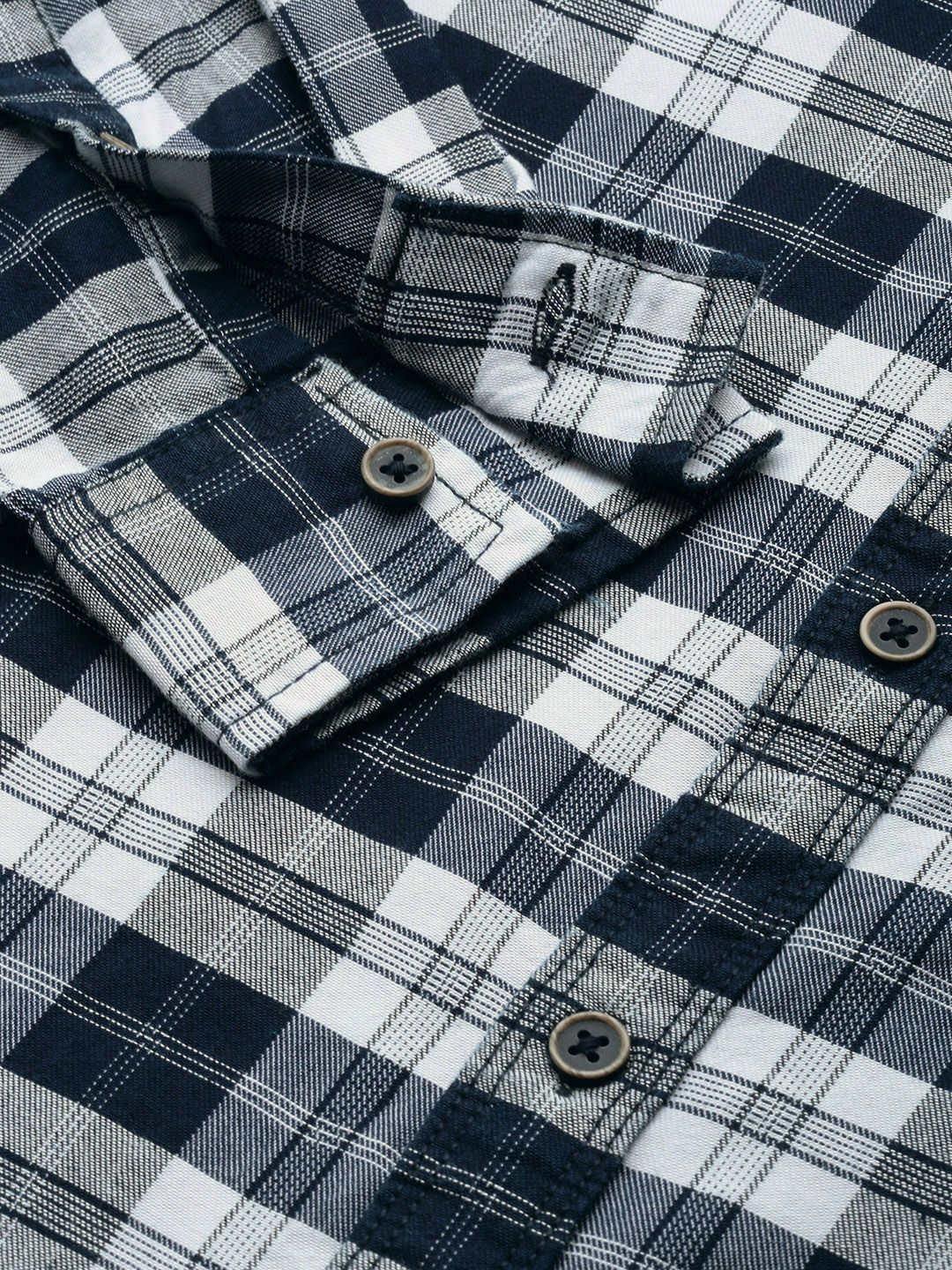The Indian Garage Co Men Navy Blue & Off-White Checked Cotton Casual Shirt - Image 3