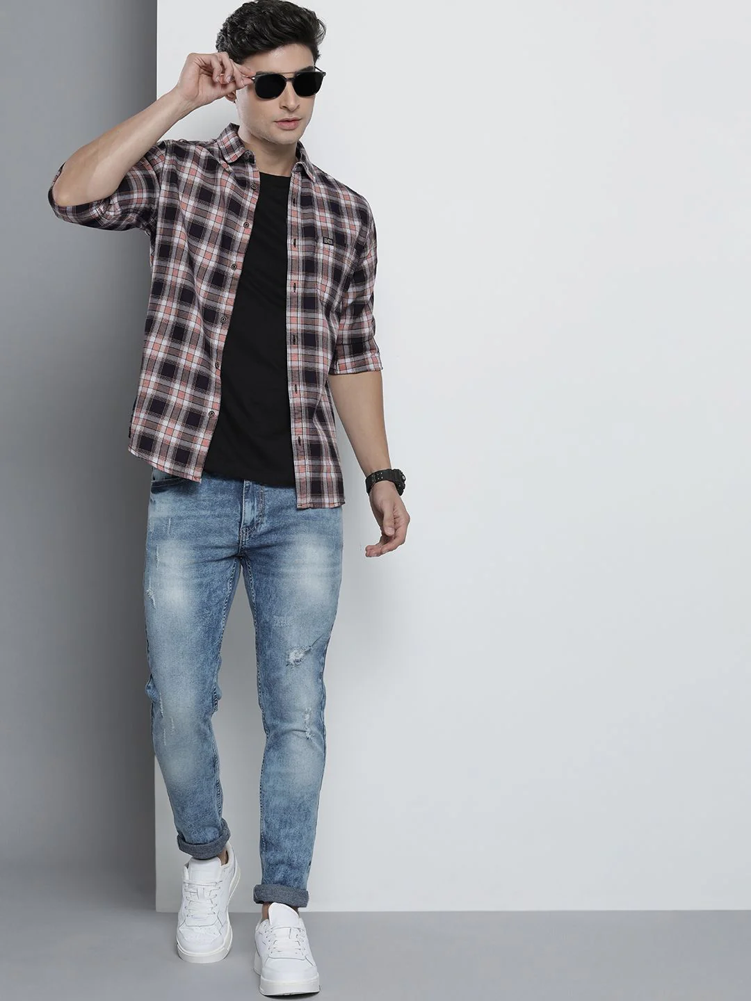 The Indian Garage Co Men Navy Blue & Peach-Coloured Cotton Checked Casual Shirt - Image 6