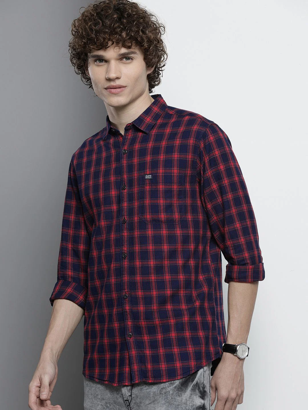 The Indian Garage Co Men Navy Blue & Red Checked Casual Shirt - Image 5