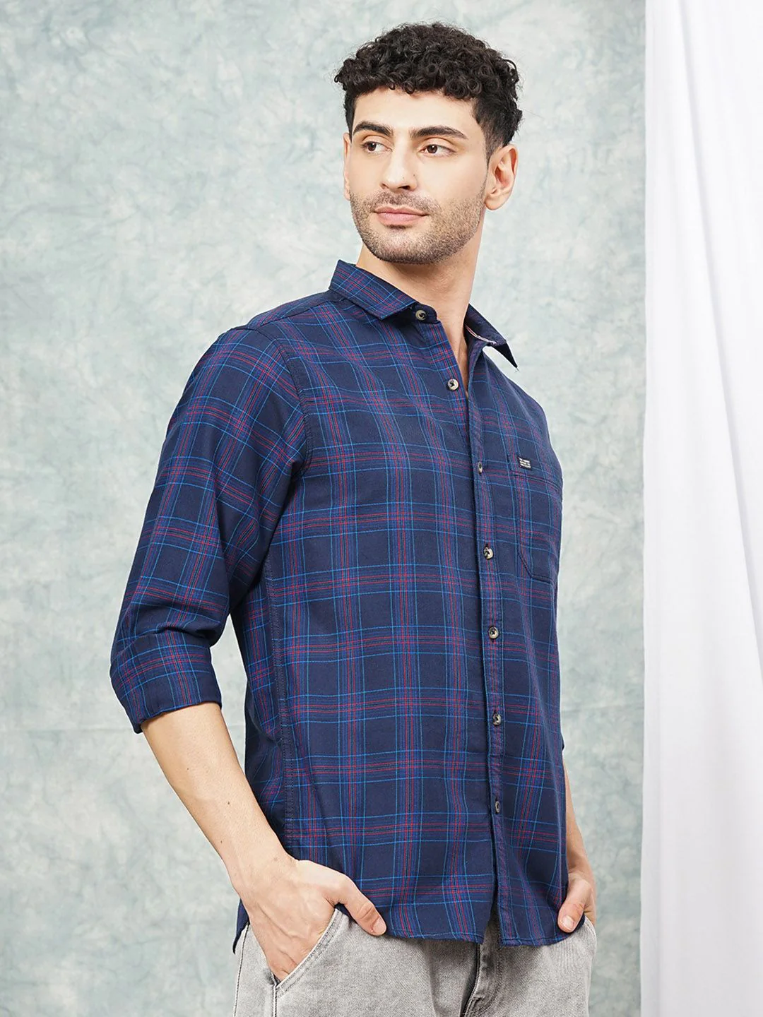 The Indian Garage Co Men Navy Blue Red Slim Fit Checked Casual Shirt - Image 3