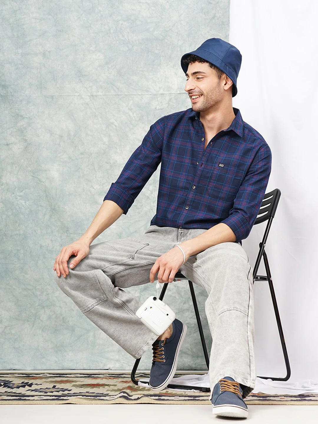 The Indian Garage Co Men Navy Blue Red Slim Fit Checked Casual Shirt - Image 4