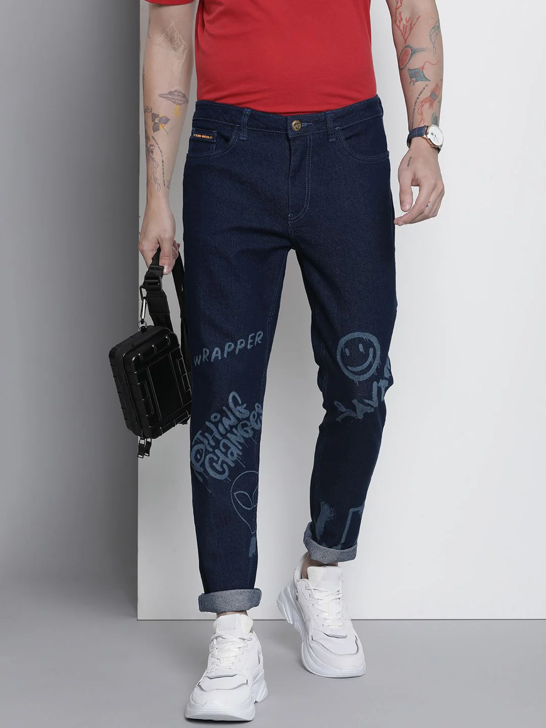 The Indian Garage Co Men Navy Blue Slim Fit Printed Stretchable Jeans
