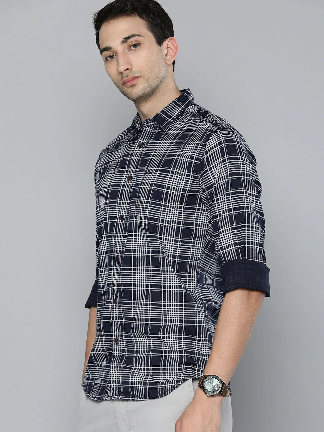 The Indian Garage Co Men Navy Blue Slim Fit Tartan Checks Opaque Checked Casual Shirt - Image 5