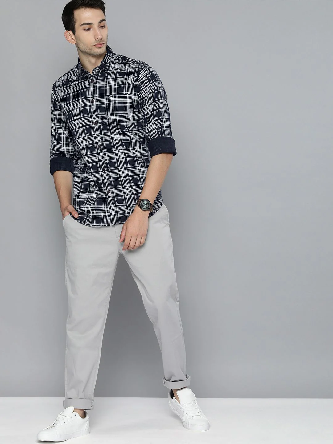 The Indian Garage Co Men Navy Blue Slim Fit Tartan Checks Opaque Checked Casual Shirt - Image 6