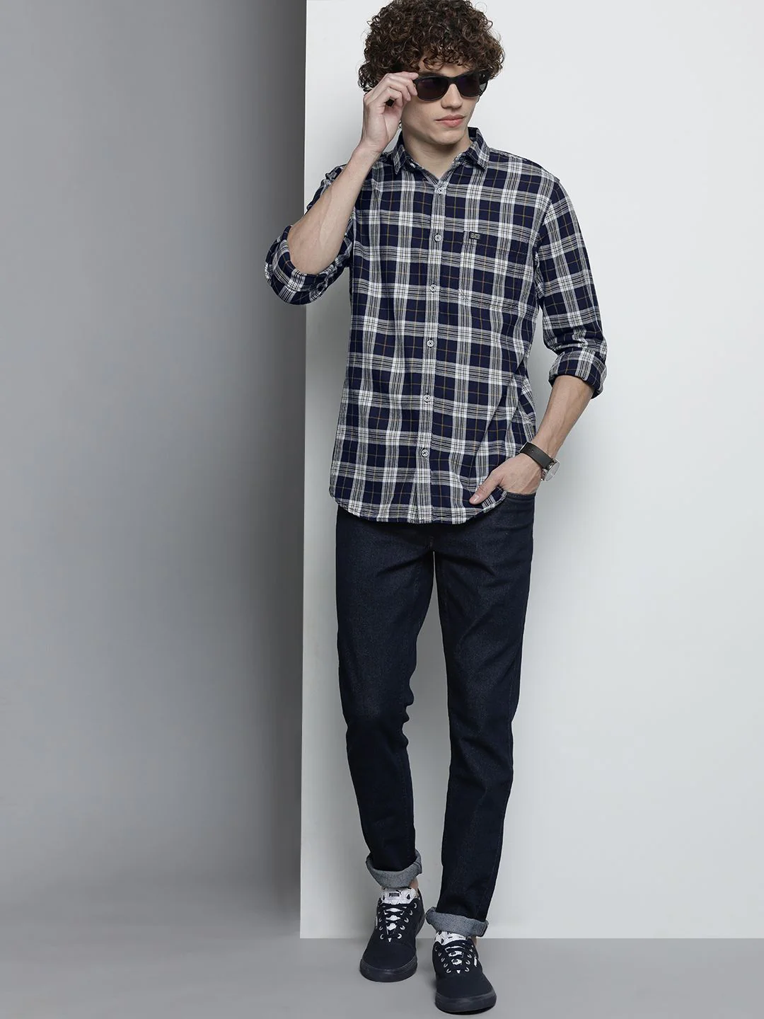 The Indian Garage Co Men Navy Blue & White Checked Casual Shirt - Image 6