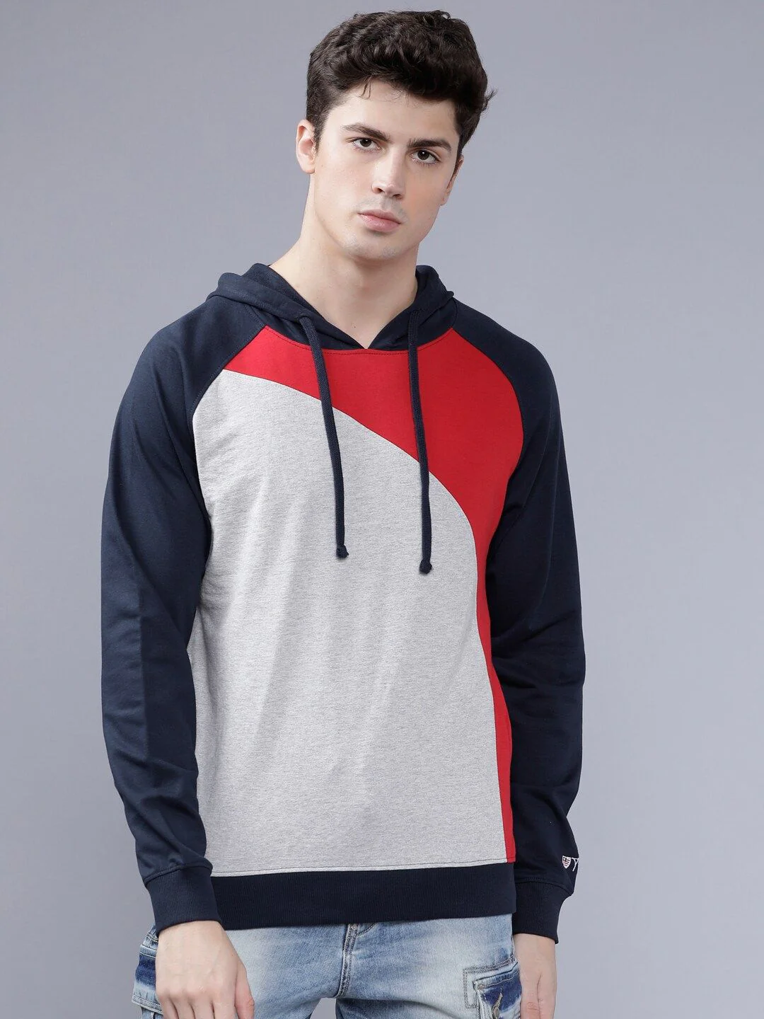 The Indian Garage Co Men Navy Blue & White Colourblocked Hooded Sweatshirt