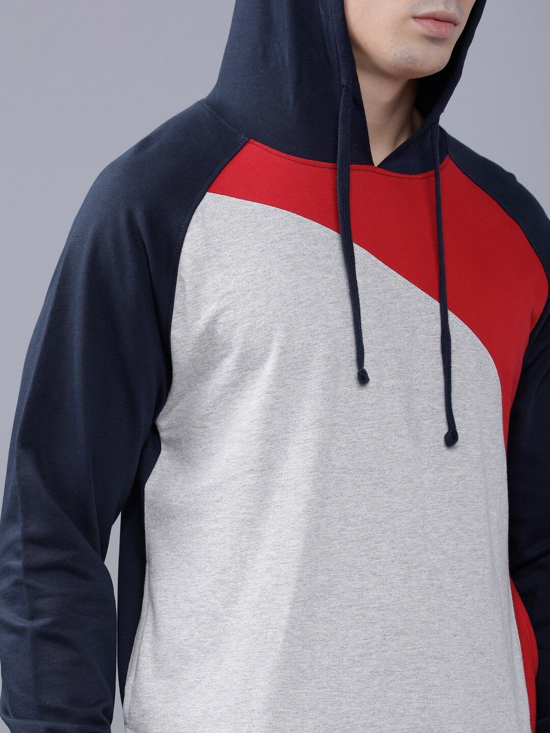 The Indian Garage Co Men Navy Blue & White Colourblocked Hooded Sweatshirt - Image 2