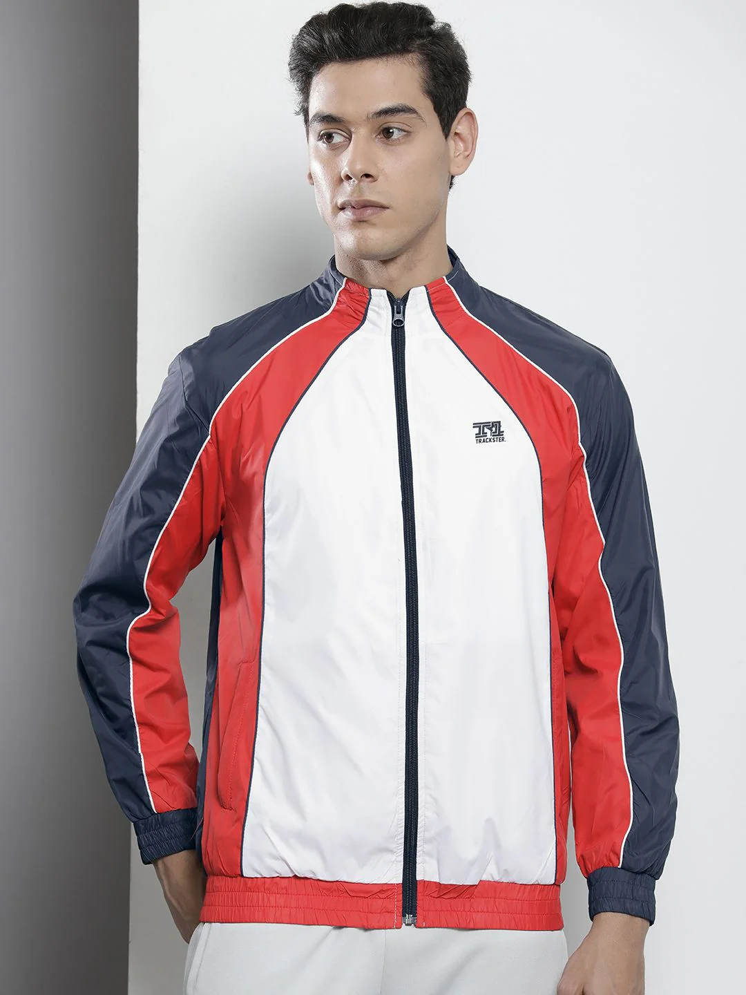 The Indian Garage Co Men Navy Blue White Colourblocked Windcheater Jacket - Image 3