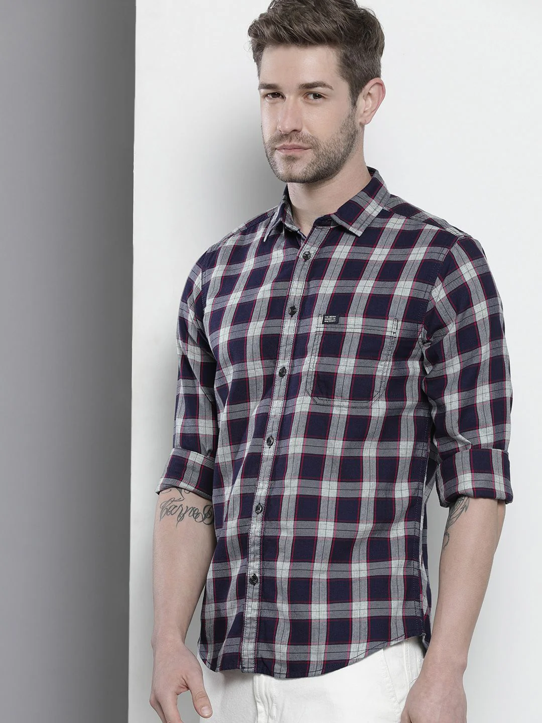 The Indian Garage Co Men Navy Blue & White Cotton Tartan Checked Casual Shirt - Image 5