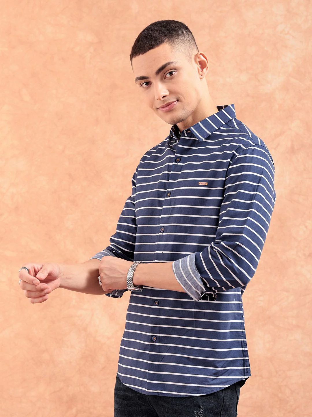The Indian Garage Co Men Navy Blue & White Slim Fit Striped Casual Shirt - Image 3