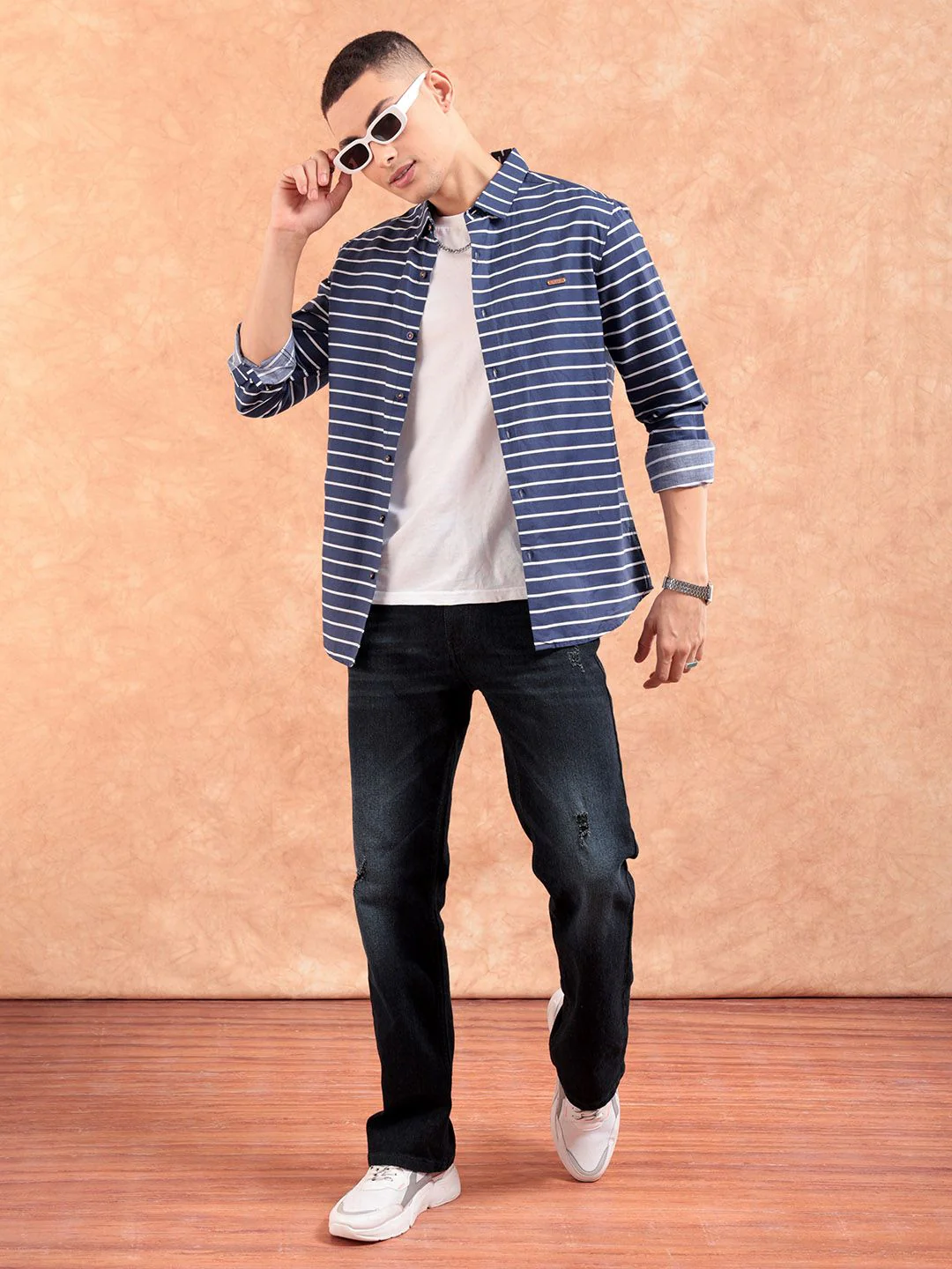 The Indian Garage Co Men Navy Blue & White Slim Fit Striped Casual Shirt - Image 4