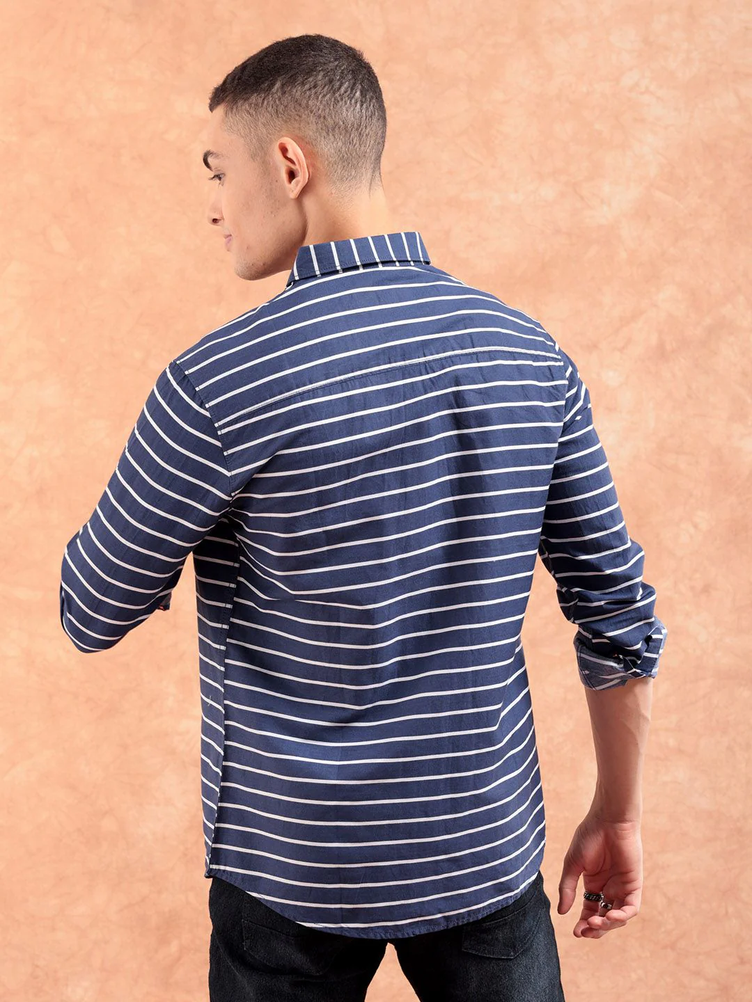 The Indian Garage Co Men Navy Blue & White Slim Fit Striped Casual Shirt - Image 5
