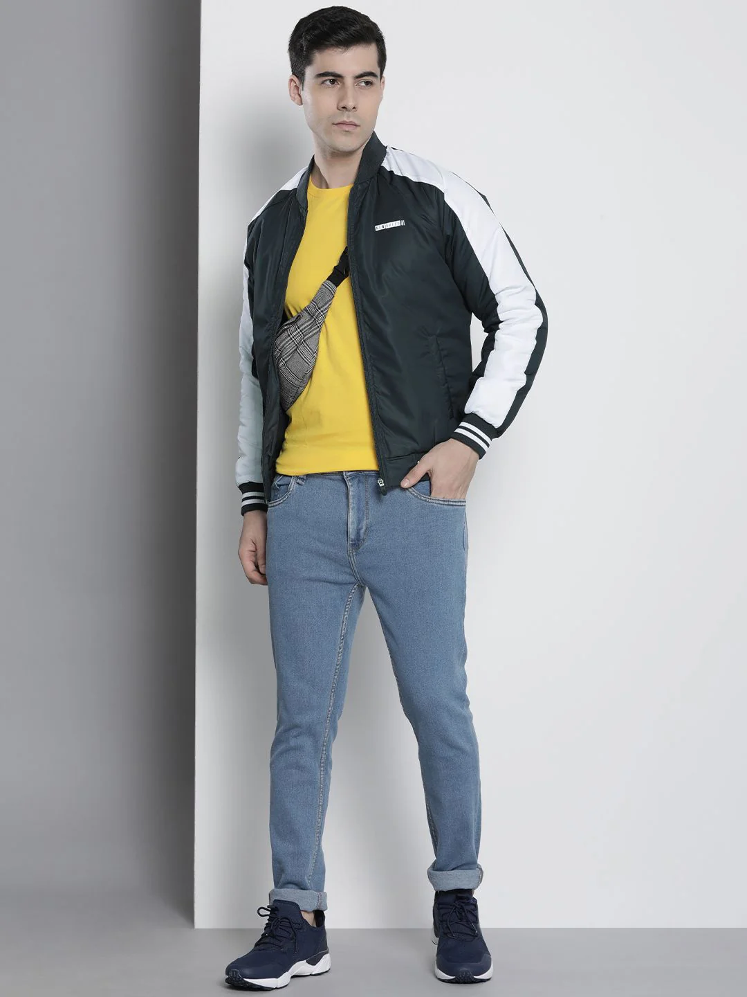 The Indian Garage Co Men Navy Blue White Striped Bomber Jacket - Image 4