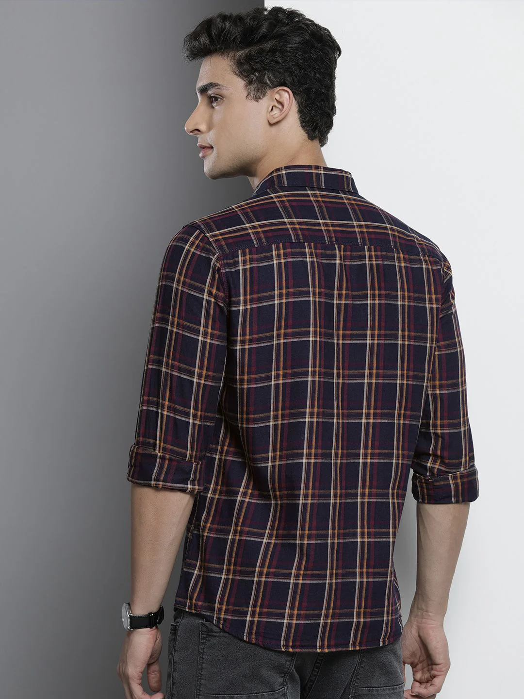 The Indian Garage Co Men Navy Blue & Yellow Checked Casual Shirt - Image 4