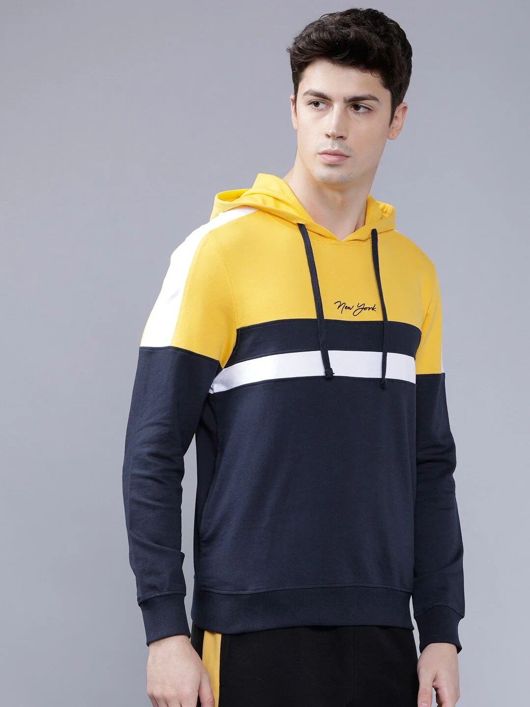 The Indian Garage Co Men Navy Blue & Yellow Colourblocked Hooded Sweatshirt - Image 3