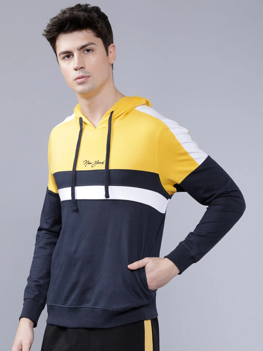 The Indian Garage Co Men Navy Blue & Yellow Colourblocked Hooded Sweatshirt - Image 5