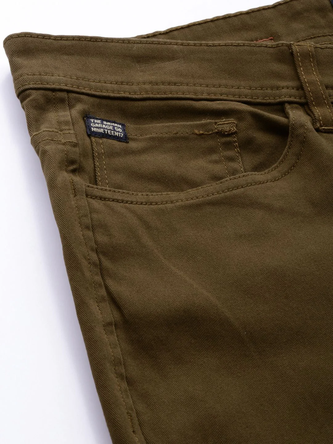 The Indian Garage Co Men Olive Brown Slim Fit Chinos Trousers - Image 6