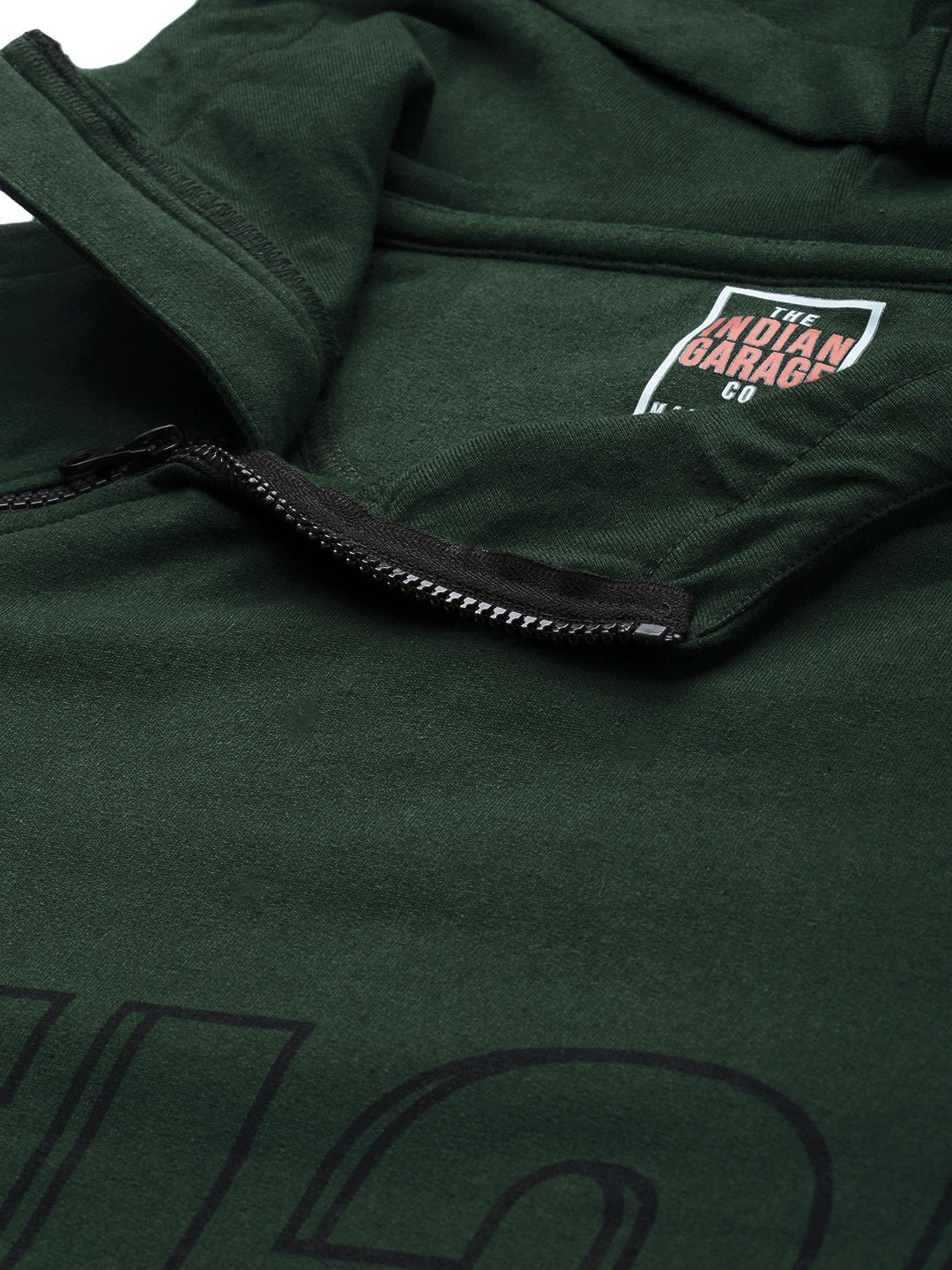 The Indian Garage Co Men Olive Green & Black Typography Print Hooded Sweatshirt - Image 2
