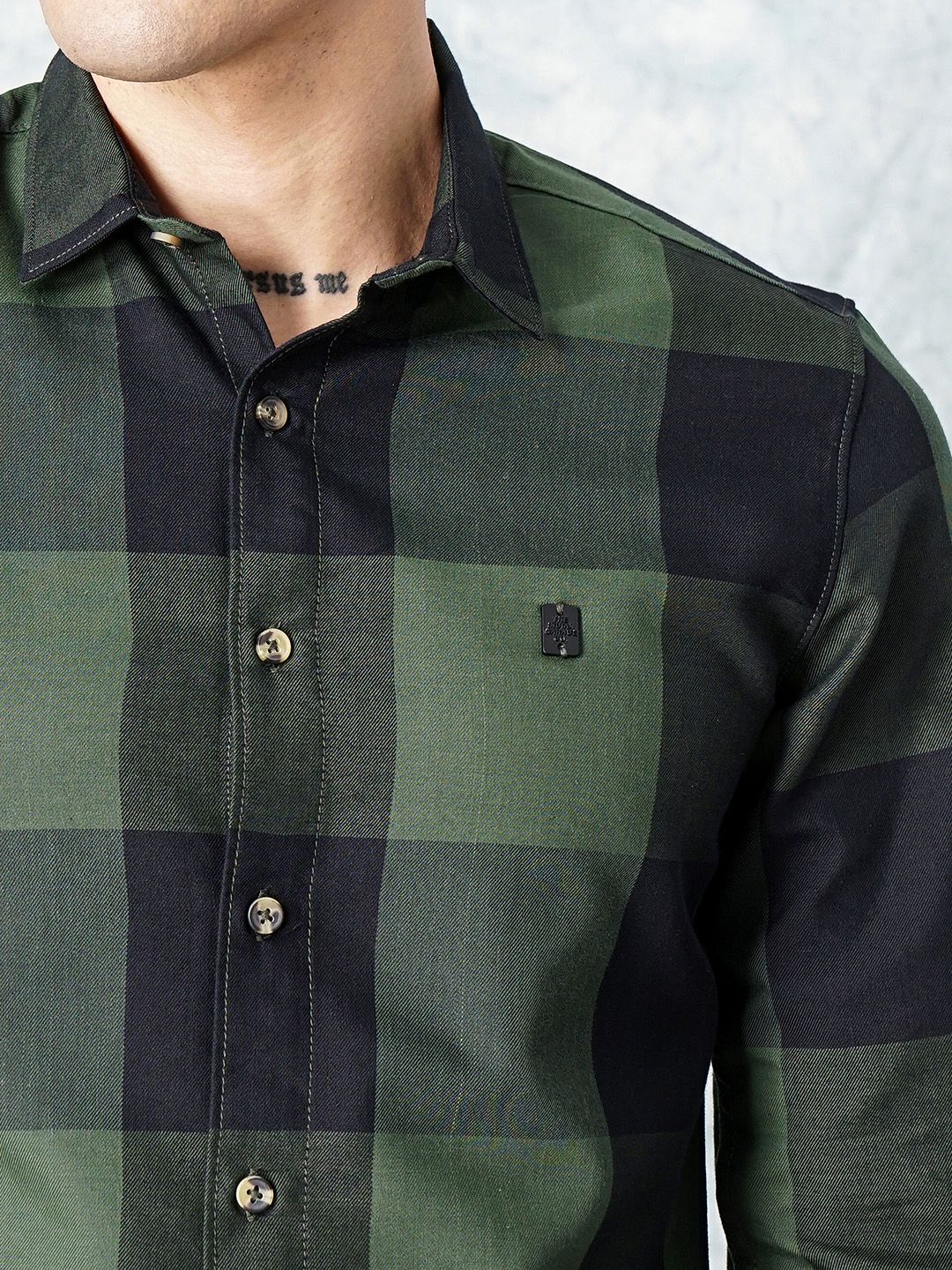 The Indian Garage Co Men Olive Green Grid Tattersall Checked Pure Cotton Casual Shirt - Image 2