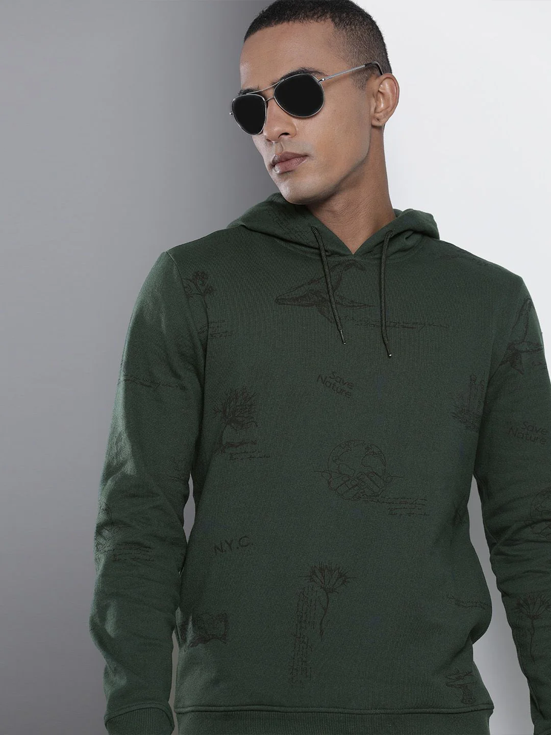 The Indian Garage Co Men Olive Green Printed Hooded Sweatshirt