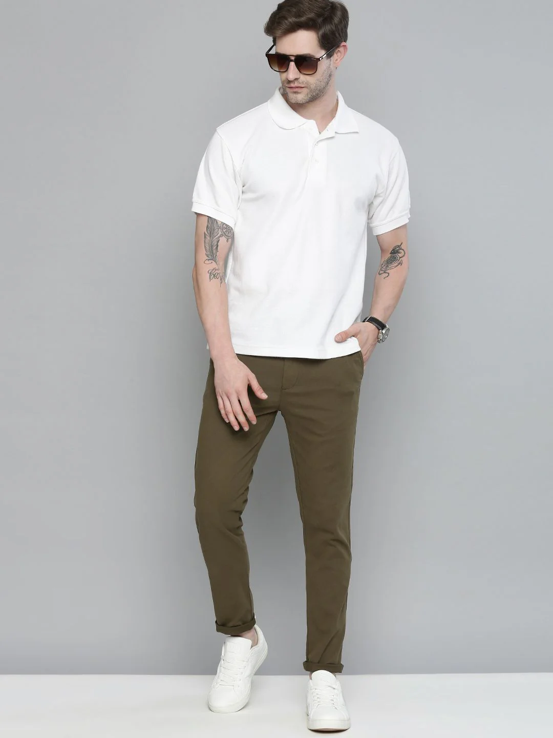 The Indian Garage Co Men Olive Green Slim Fit Chinos Trousers - Image 5
