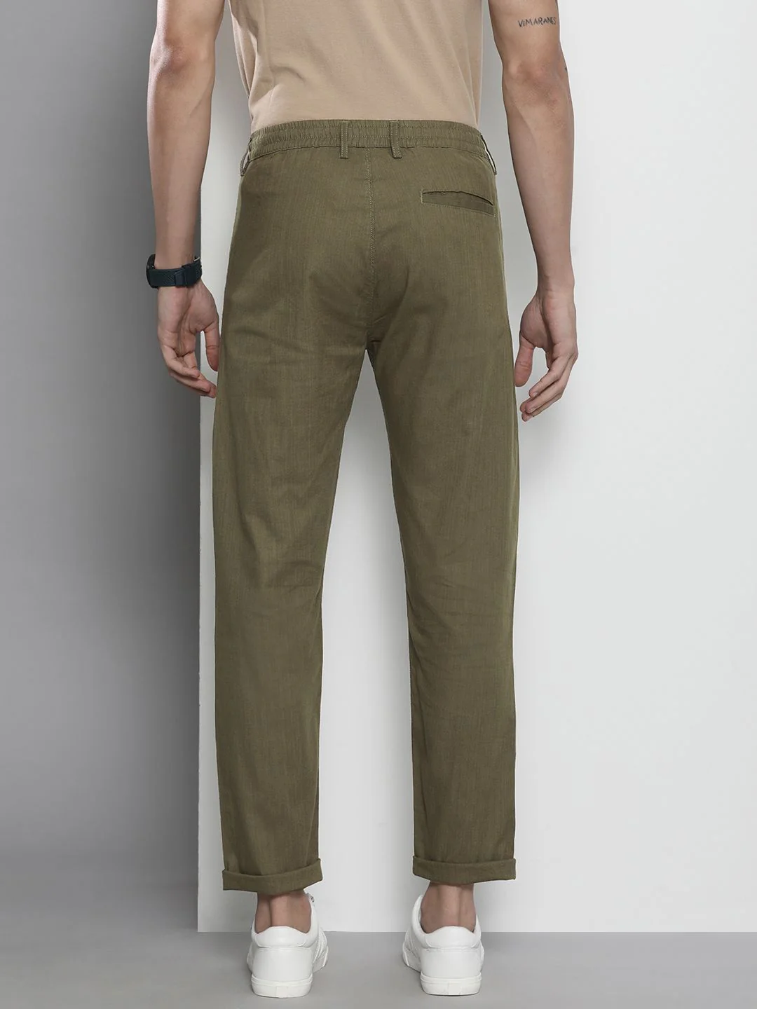 The Indian Garage Co Men Olive Green Slim Fit Linen Blend Trousers - Image 3
