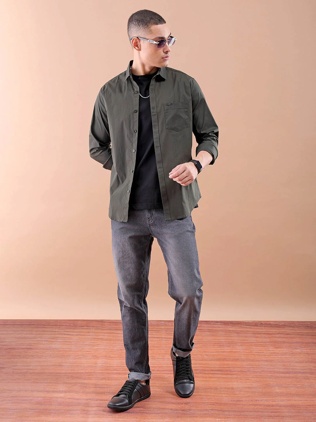 The Indian Garage Co Men Olive Green Solid Cotton Comfort Shirt - Image 4