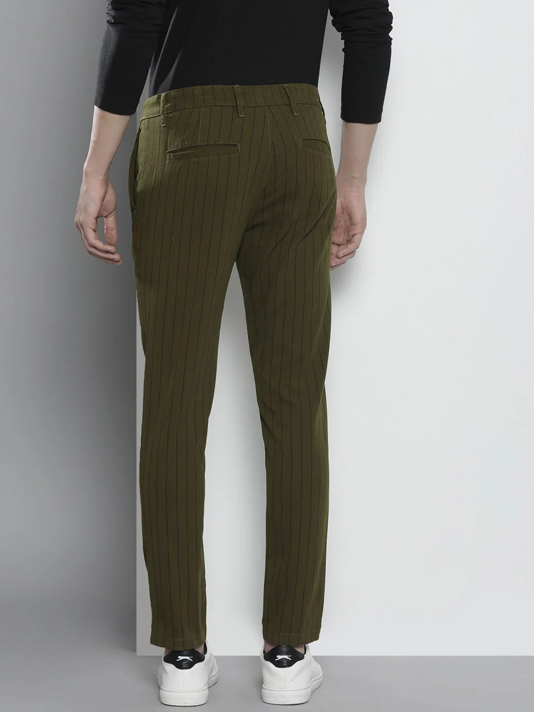 The Indian Garage Co Men Olive Green Striped Slim Fit Chinos Trousers - Image 3