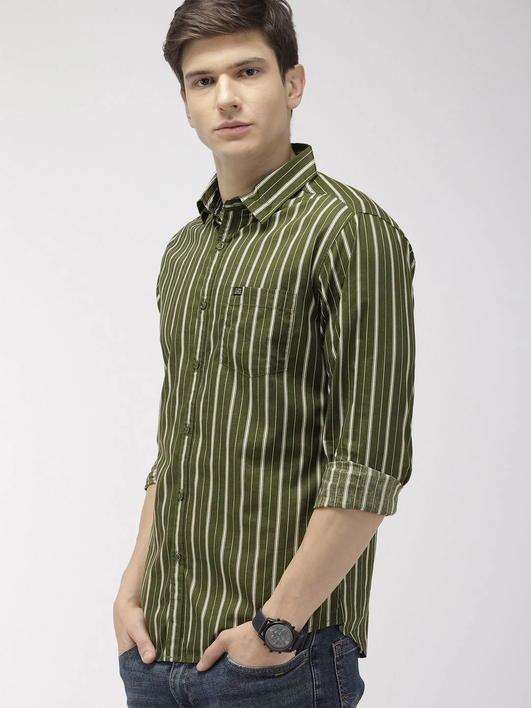 The Indian Garage Co Men Olive Green & White Slim Fit Striped Casual Shirt - Image 3