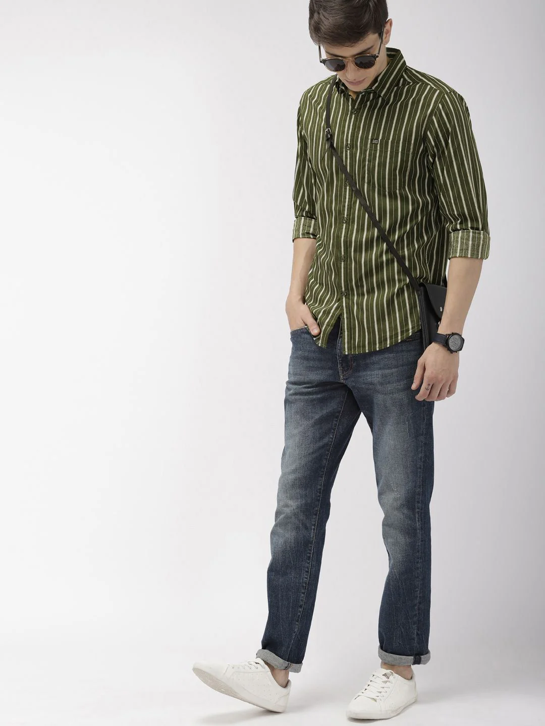The Indian Garage Co Men Olive Green & White Slim Fit Striped Casual Shirt - Image 4