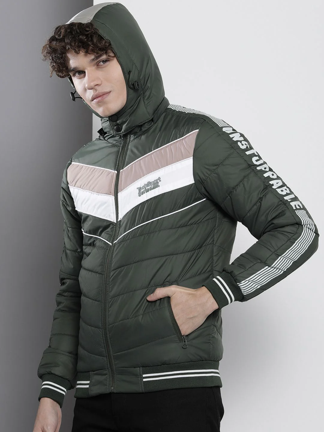 The Indian Garage Co Men Olive Green & White Striped Padded Jacket - Image 3