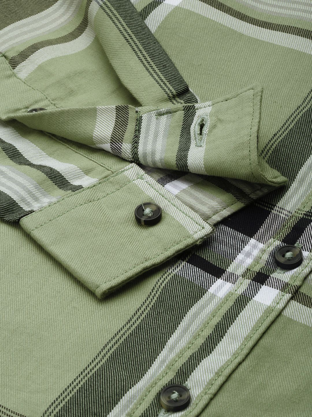 The Indian Garage Co Men Olive Green & White Tartan Checks Checked Cotton Casual Shirt - Image 3