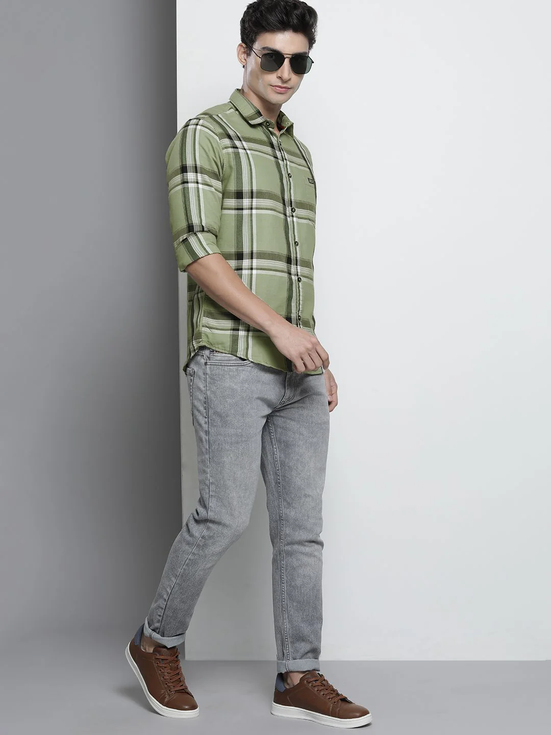 The Indian Garage Co Men Olive Green & White Tartan Checks Checked Cotton Casual Shirt - Image 6