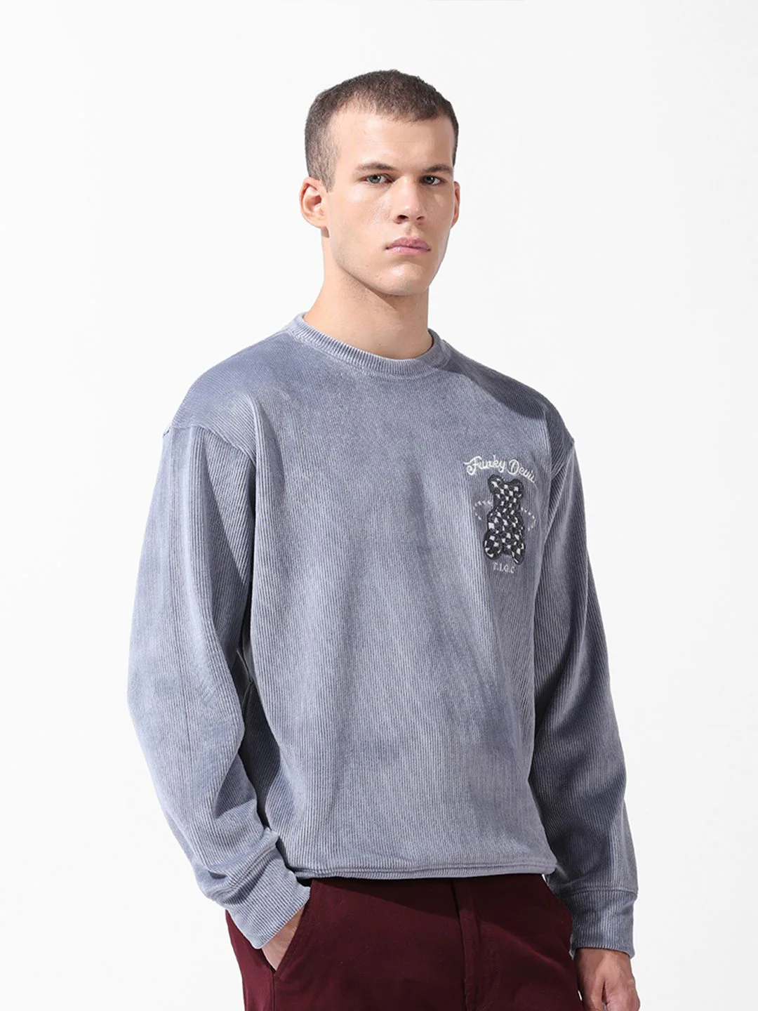 The Indian Garage Co Men Oversized Self Design Corduroy Crew Neck Sweatshirt - Image 5