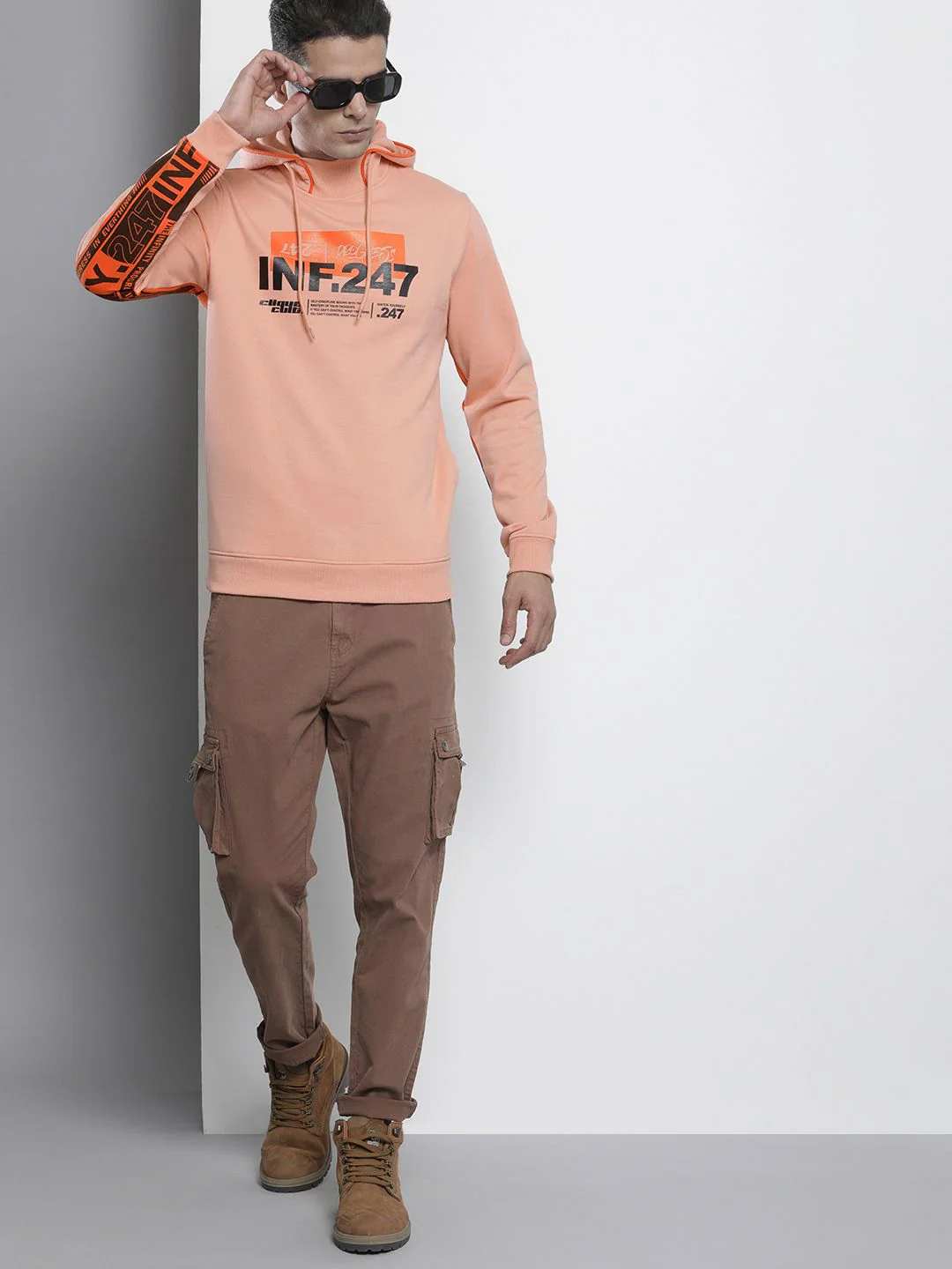 The Indian Garage Co Men Peach-Coloured Printed Hooded Sweatshirt - Image 6