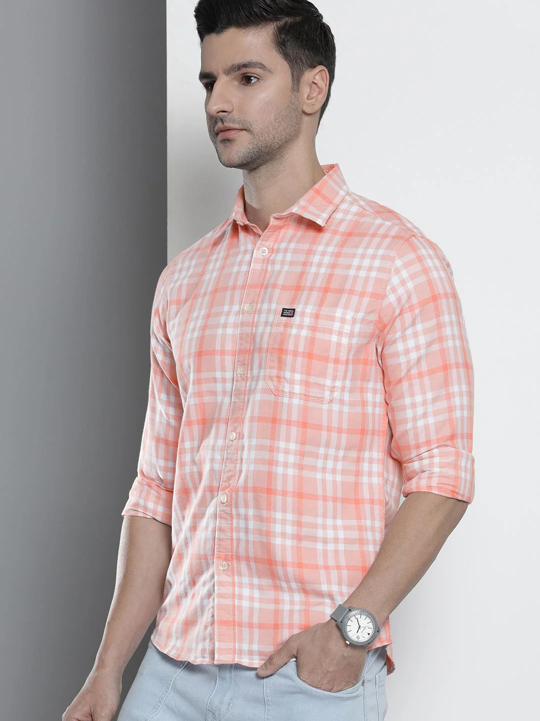 The Indian Garage Co Men Peach-Coloured & White Comfort Fit Checked Casual Shirt - Image 5