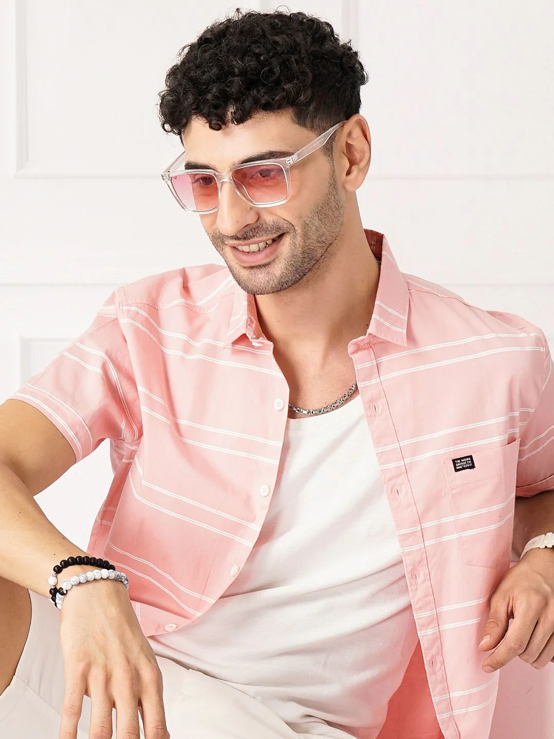 The Indian Garage Co Men Peach-Coloured & White Horizontal Striped Cotton Casual Shirt - Image 7