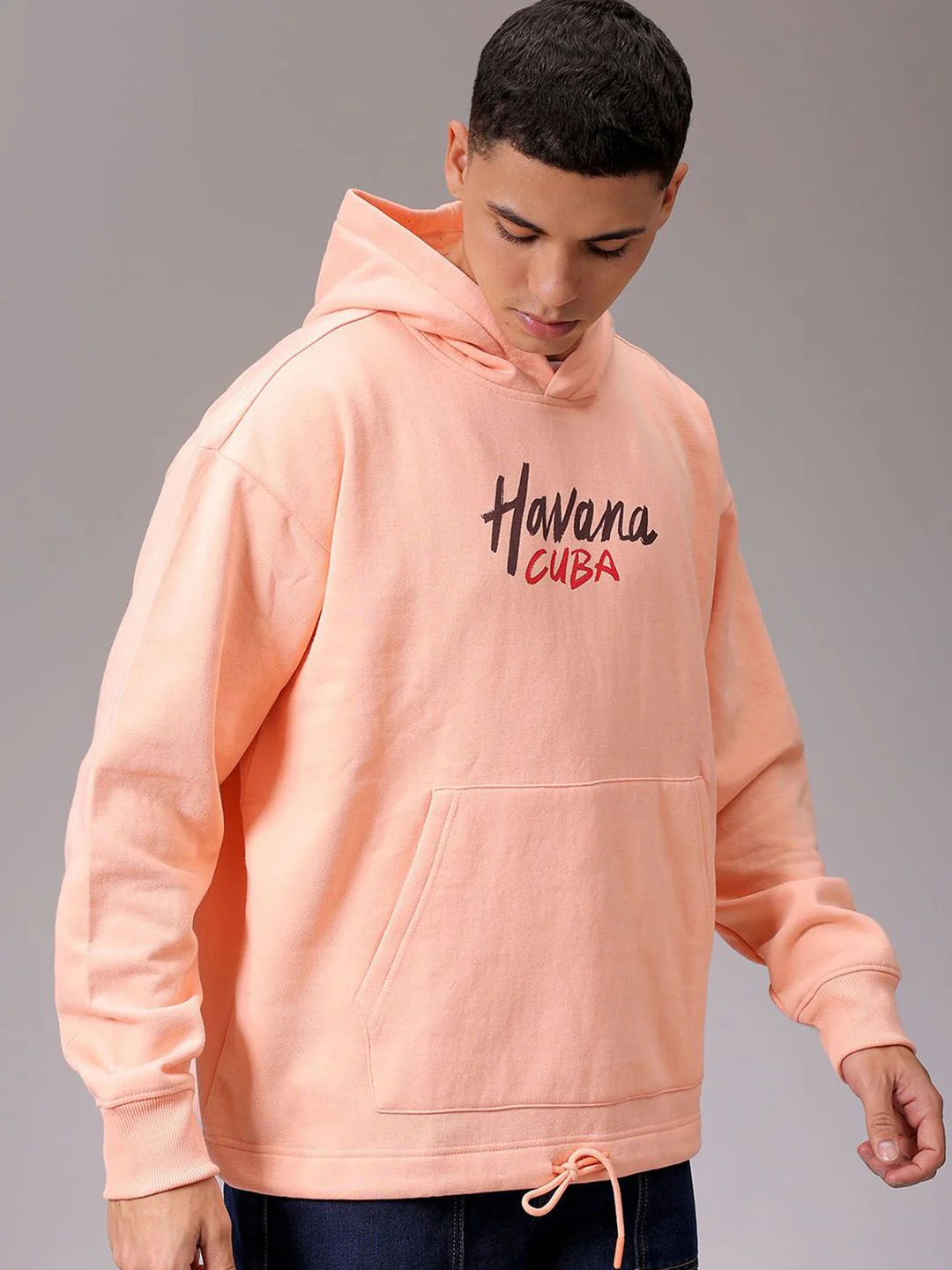 The Indian Garage Co Men Peach Printed Long Sleeves Pullover Hooded Neck Sweatshirt - Image 5