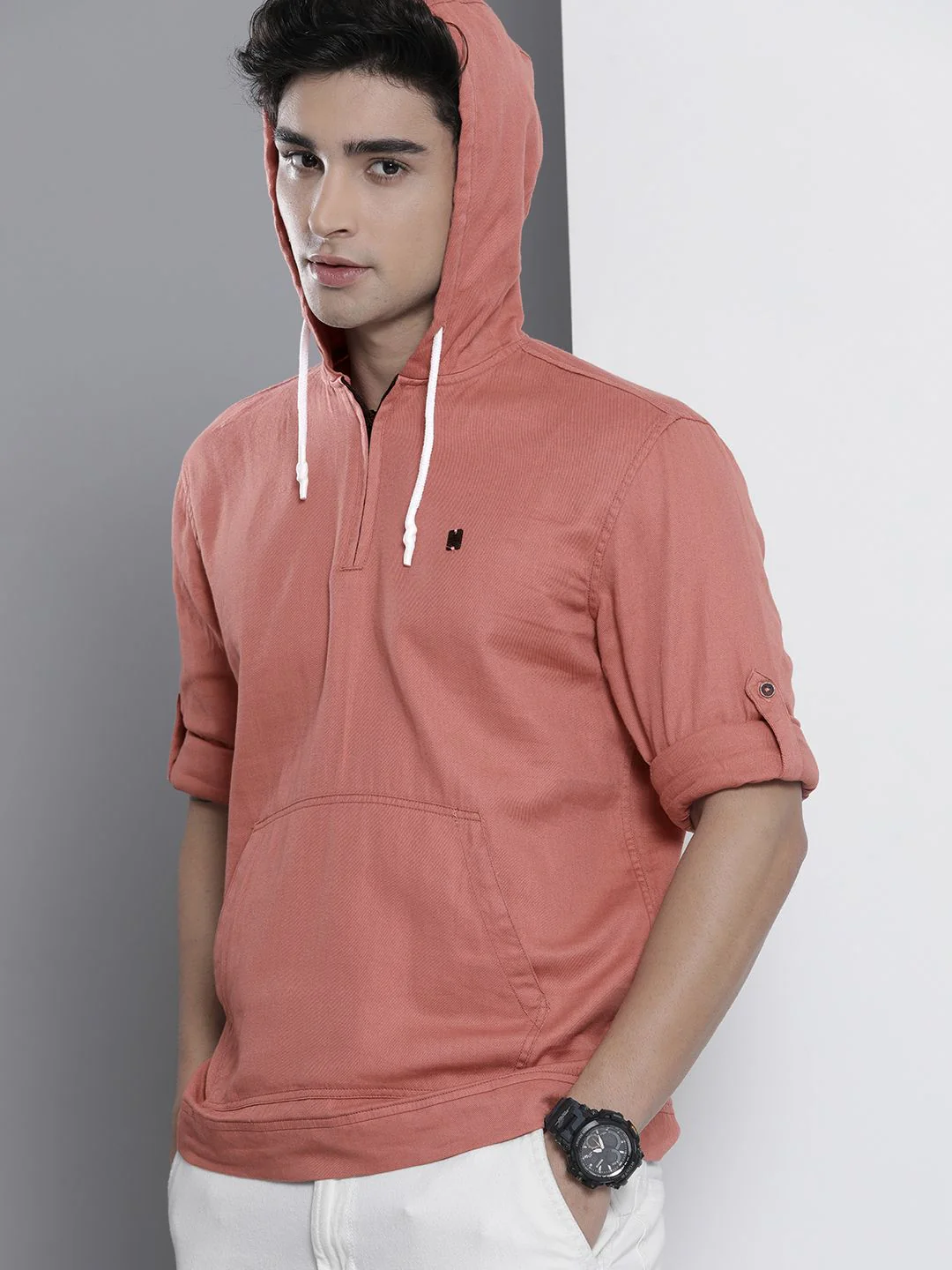 The Indian Garage Co Men Pink Solid Pure Cotton Hooded Sweatshirt-Style Shirt - Image 3
