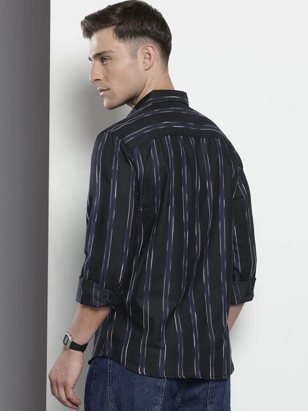 The Indian Garage Co Men Purple Slim Fit Striped Dobby Casual Shirt - Image 4