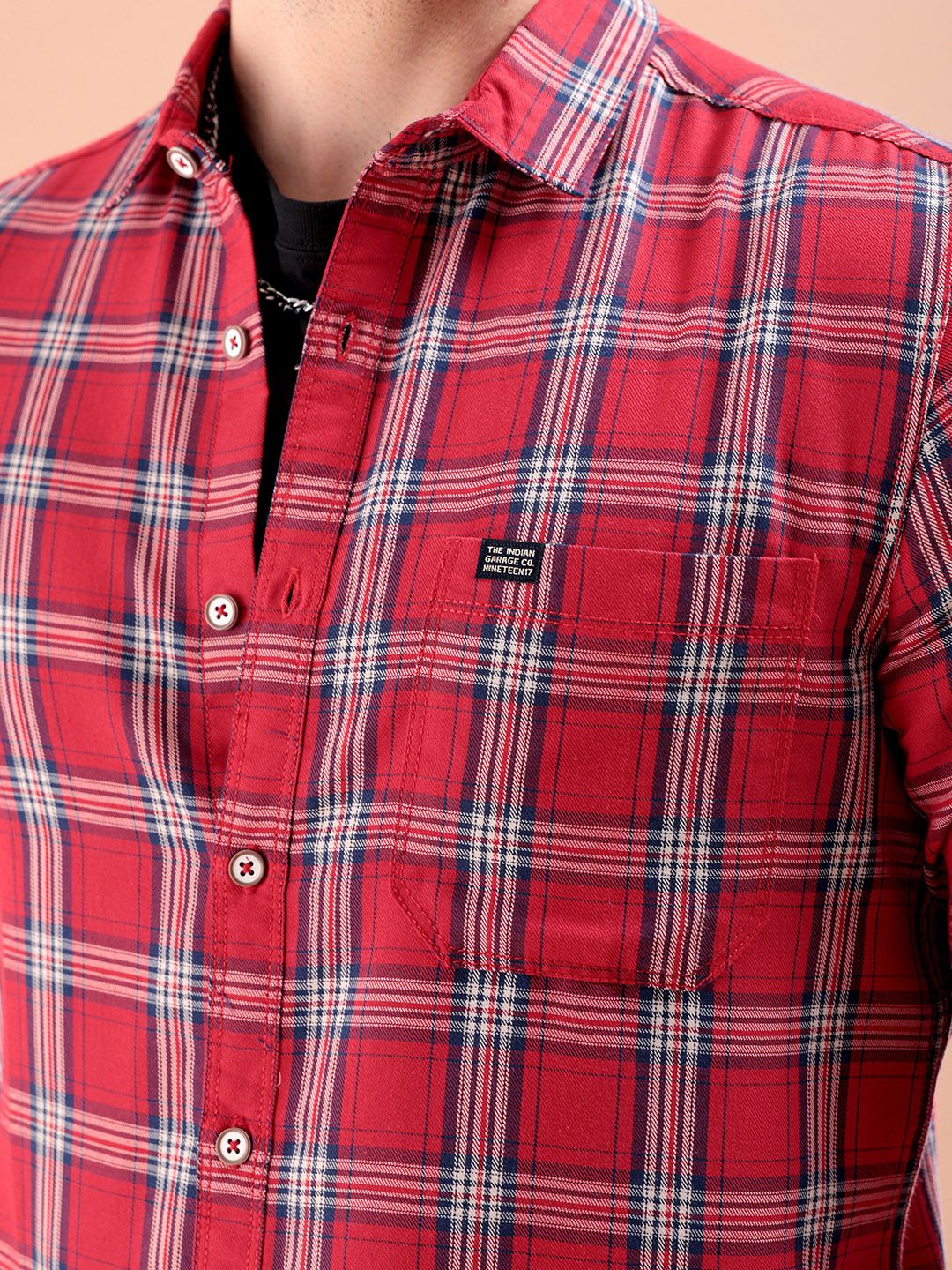 The Indian Garage Co Men Red & White Slim Fit Checked Casual Shirt - Image 2