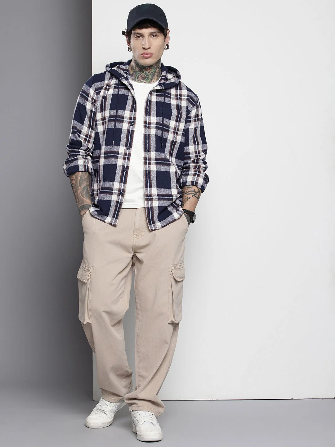 The Indian Garage Co Men Regular Fit Checked Casual Hooded Overshirt - Image 6